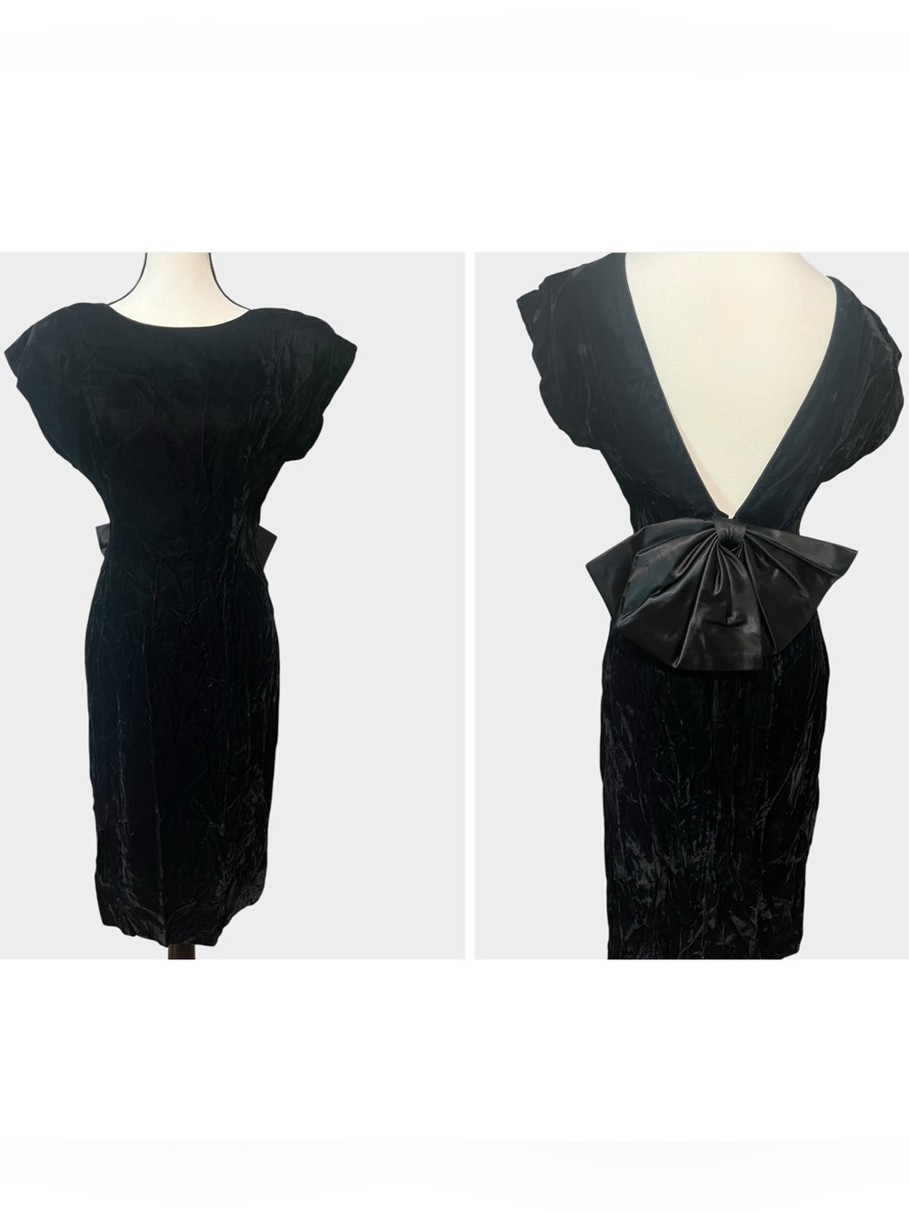 Vintage 80s Kwai Black Velvet Low Back Bow Cocktail Dress Size 4